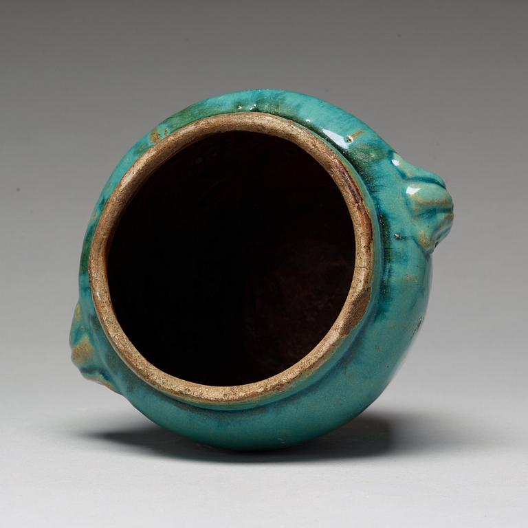 A turquoise glazed jar with cover, South China, presumably late Ming dynasty.