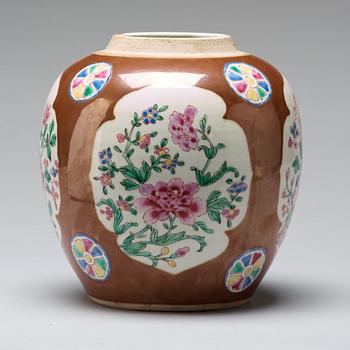 A famille rose and cappuciner brown jar, Qing dynasty, 18th Century.