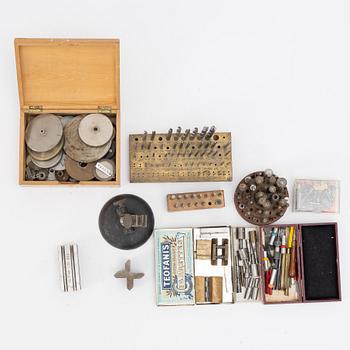 Watchmaking tools and spare parts, including a lathe by Lorch.