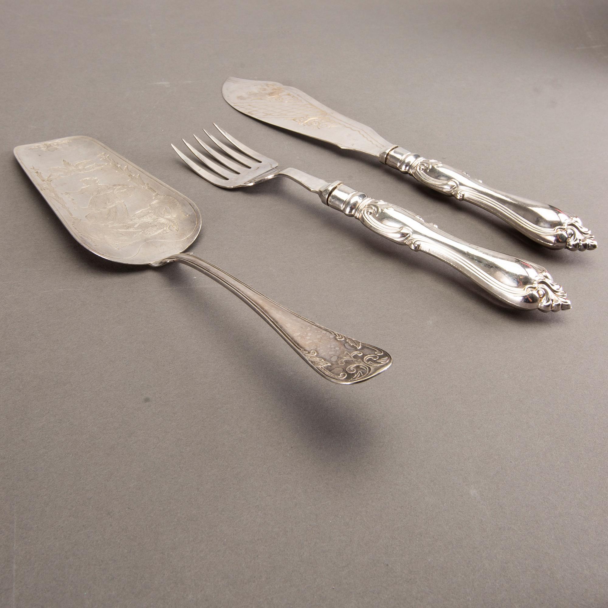 K ANDERSSON serveringsbestick 5 + 2 + 1 st silver (och nysilver) Stockholm 1896.