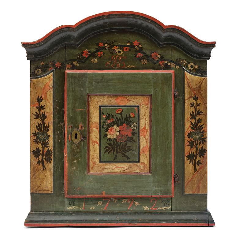 Hängskåp, allmoge, av Jöns Månsson, Forsa, Hälsingland, märkt JSS 1792.
