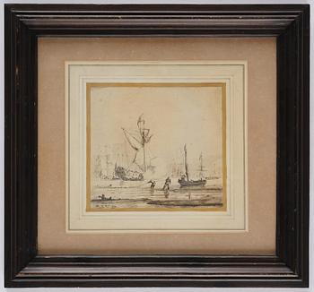 Willem van de Velde, attributed to, Coastal scene with fishermen and warships.