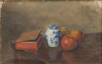 Edward Hald, Still life with a boar, apples, and a book.