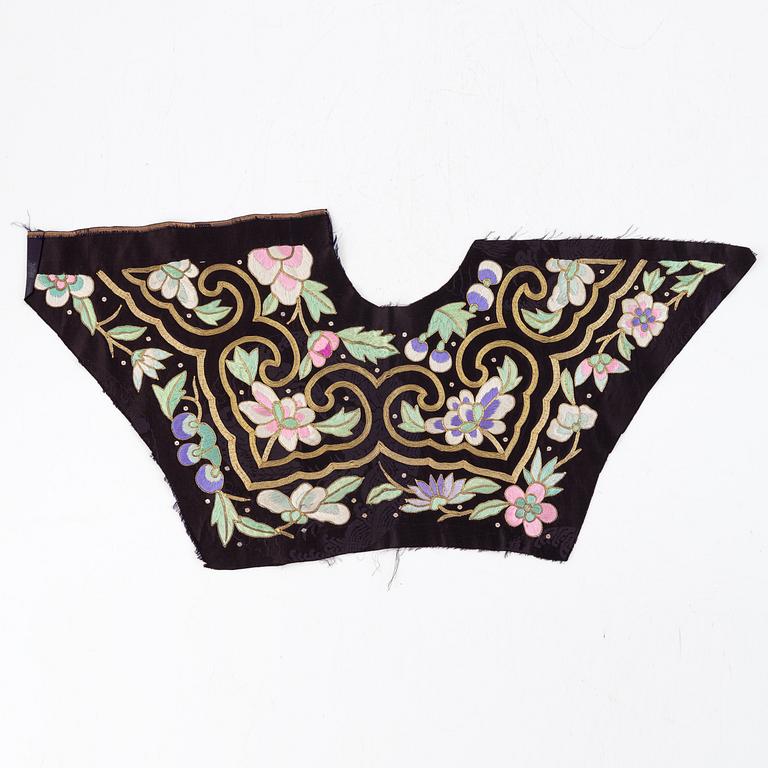 Two Chinese silk collars and two silk embroideries, 20th century.