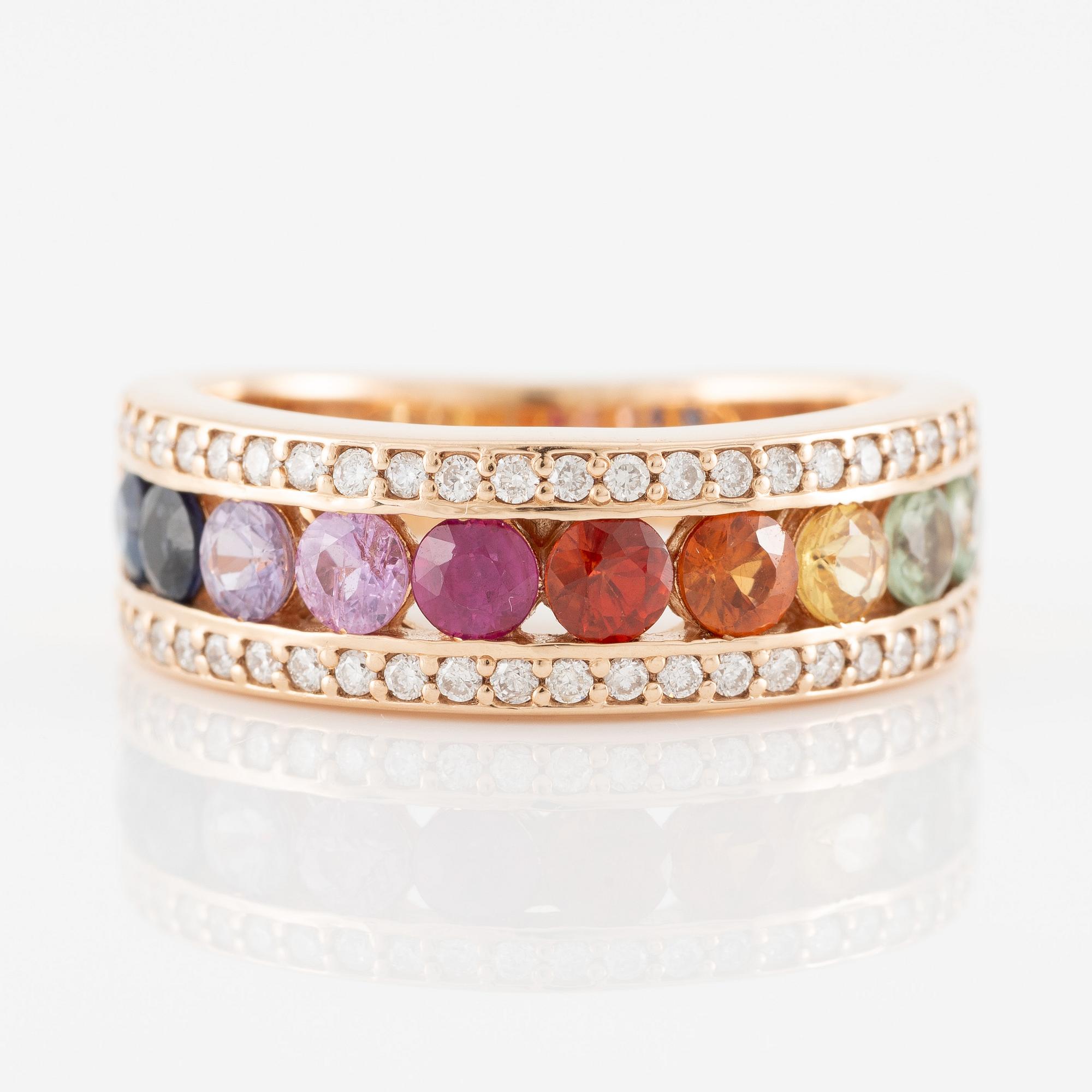 Ring 18K med flerfärgade safirer och briljantslipade diamanter.