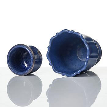 Wilhelm Kåge, a set of two Argenta stoneware vases, two dishes and a bowl with lid, Gustavsberg 1930s-50s.