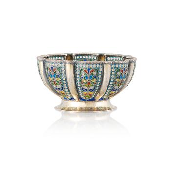 239. Russian parcel-gilt Silver and Cloisonné Enamel Bratina, Khlebnikov, Moscau 1910. Swedish import mark.