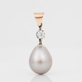 634. A grey natural saltwater pearl and old-cut diamond pendant. Diamond circa 0.20 ct.