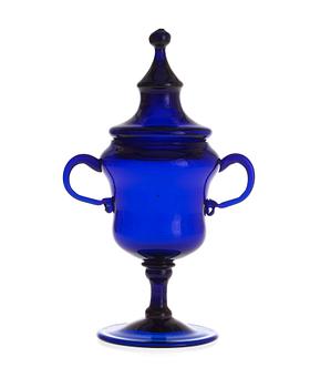 792. A blue glass jar with cover, 18th Century, presumably Norweigan and Hurdahl manufactory.