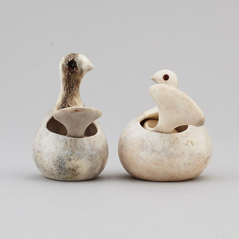 LARS PIRAK, two reindeer horn grouse salt cellars, signed.