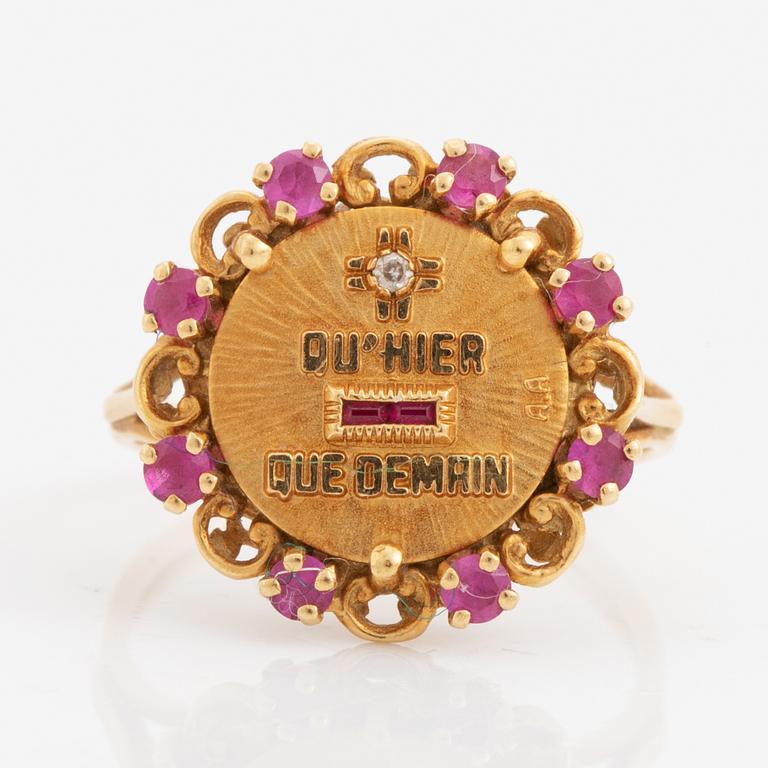 Gold, ruby and eight cut diamond ring.