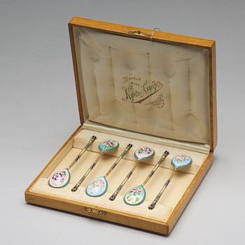 234. A set of six Russian silver-gilt and cloisonné tea-spoons, mark of Sasikow probably, Moscow 1899-1908.