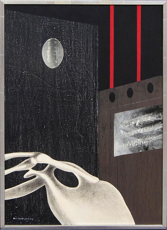 Uno Svensson, akryl/collage på pannå, signerad, -70.