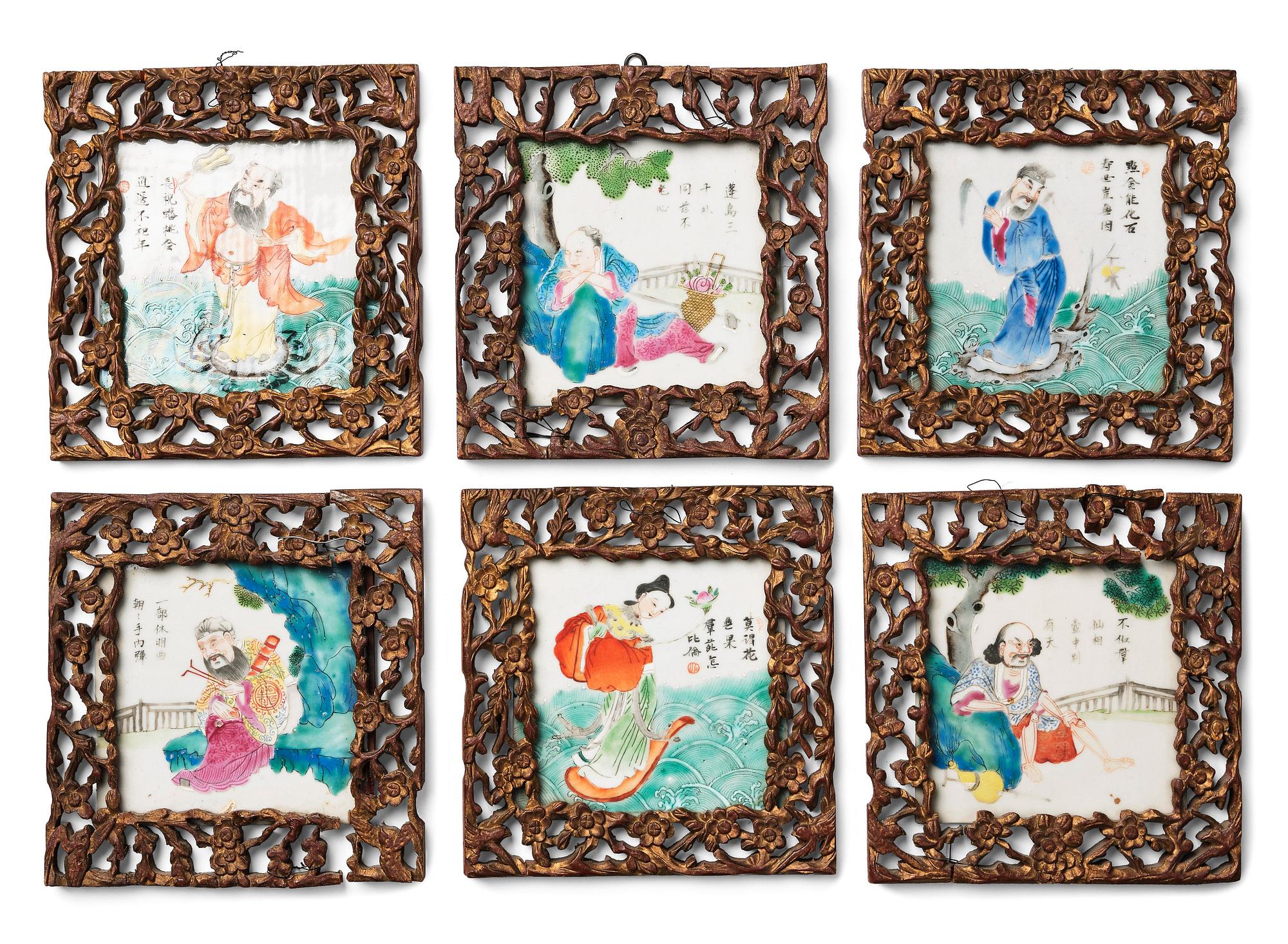 A set of six framed tiles, Qing dynasty, 19th Century.