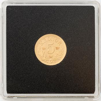 Guldmynt, Oscar II, 5 kronor, typ I, Sverige 1883.