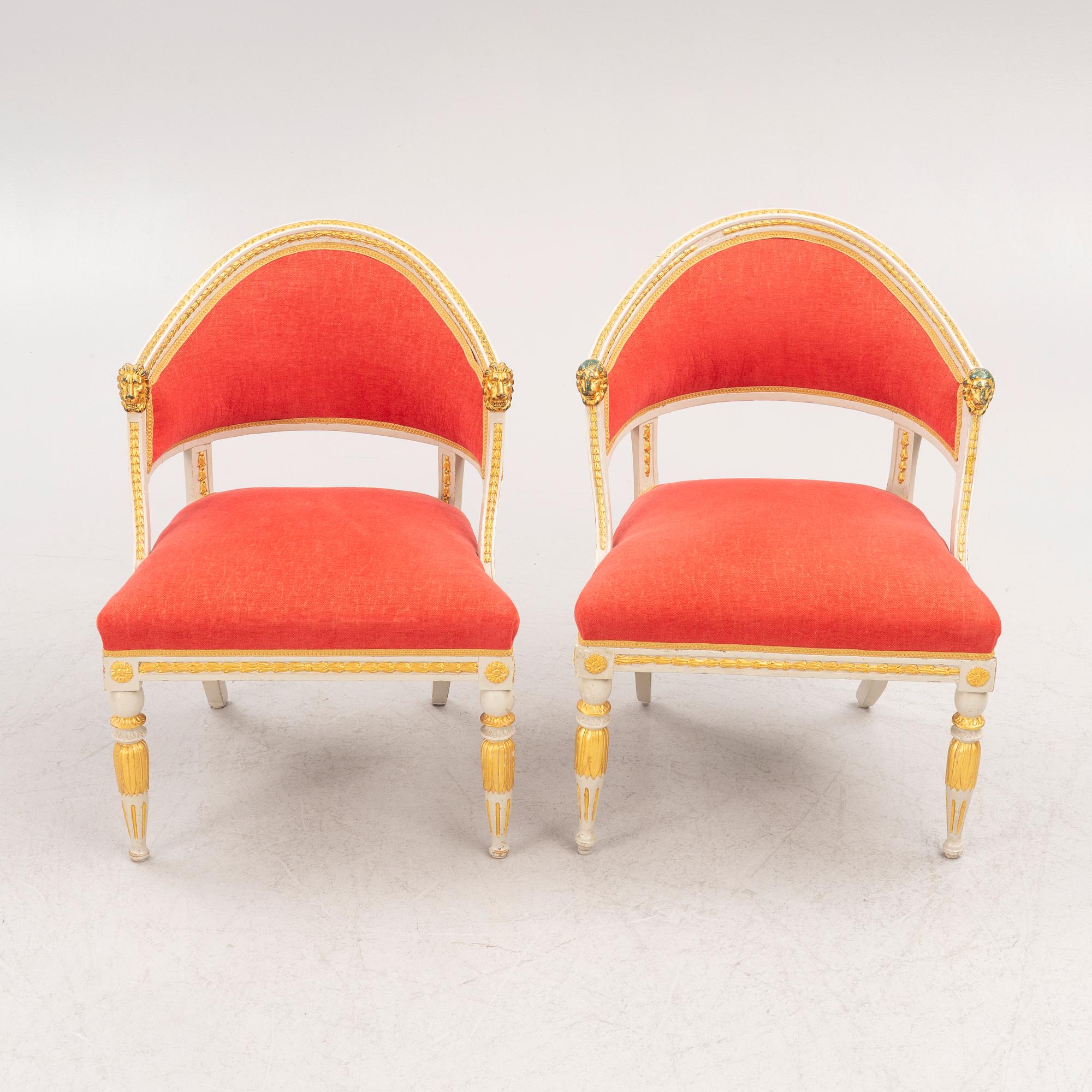 A pair of late Gustavian-style open armchairs, first part 19th century and circa 1900.