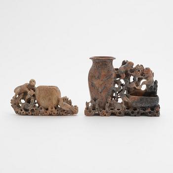 A Chinese carved soapstone brushpot and brush washer/ink well, 20th Century.