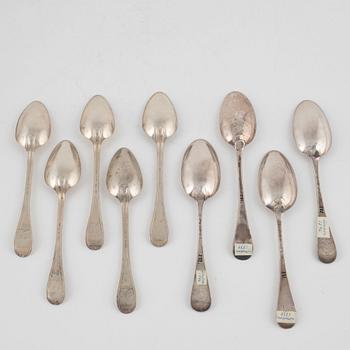 Four english place spoons, including William Soame, London, 1734, and five place spoons by Nils Wendelius, Sweden, 1837.