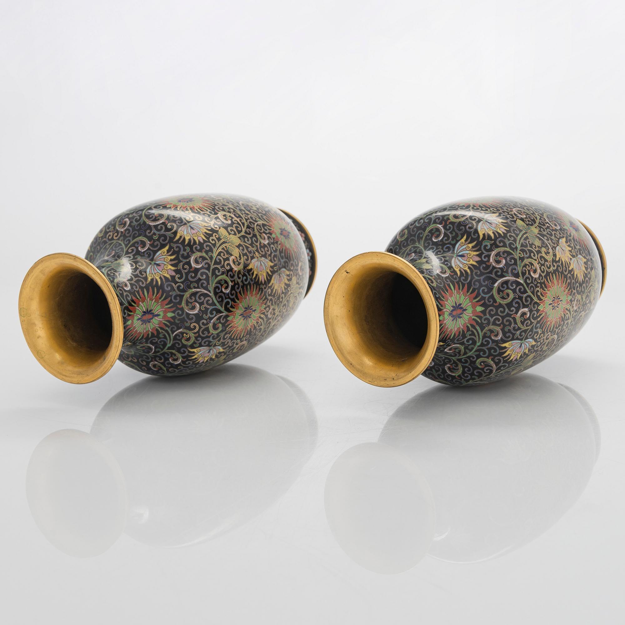 A pair of cloisonné enameled vases, China, 20th century.