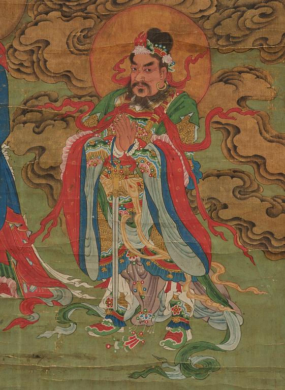 Two Chinese scroll paintings of Heavenly and Earthly Deities from the Water-Land Ritual, late Qing dynasty.