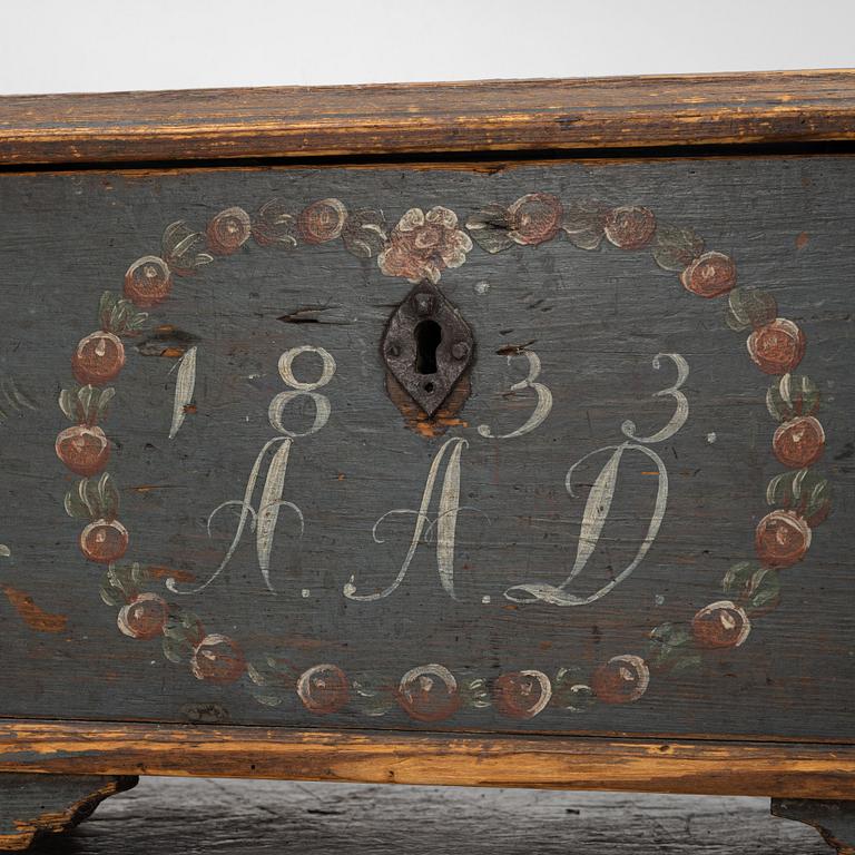 Färdskrin, Allmoge, Halland, daterat 1833.