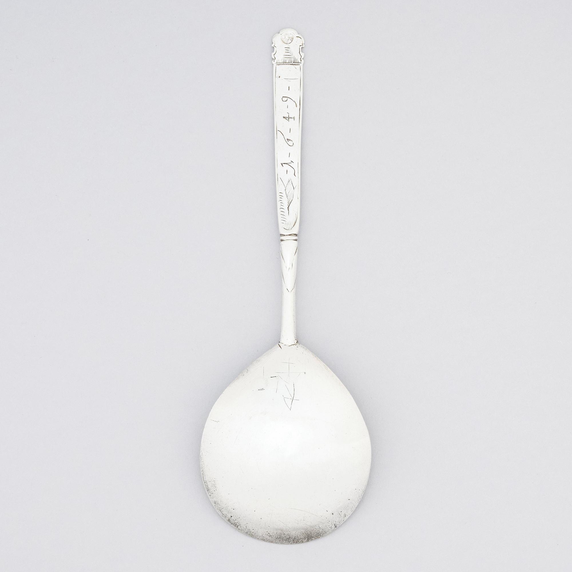 Sked, silver, sannolikt Skandinavien, 1600-tal, oidentifierad mästare, graverad 1649.