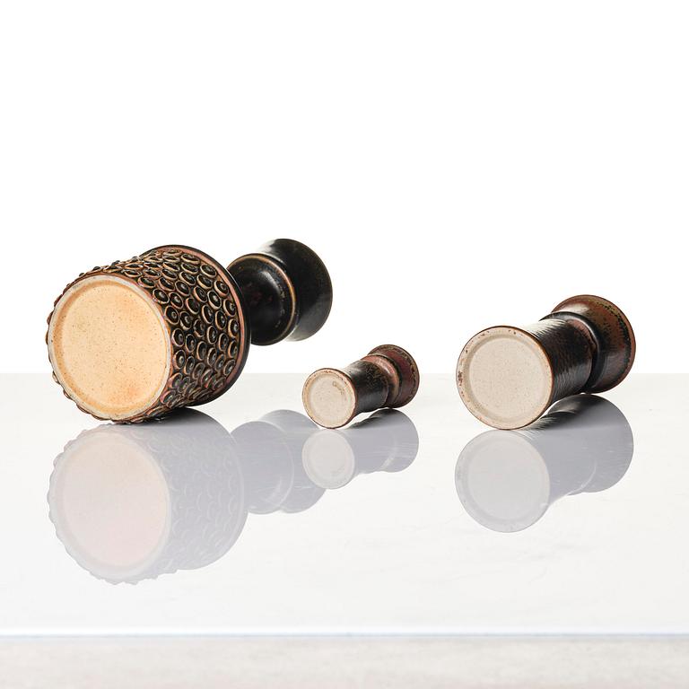 Stig Lindberg, vaser, 3 st, stengods, Gustavsbergs Studio 1965-67.