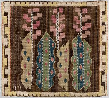 A TEXTILE, a detail from the textile "Juniblommor", tapestry weave, ca 37 x 41 cm, signed MMF.