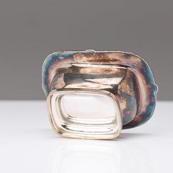 A pair of 20th century coasters, white metal and an English silver plated salt-cellar and A 20th c glass table-bell.