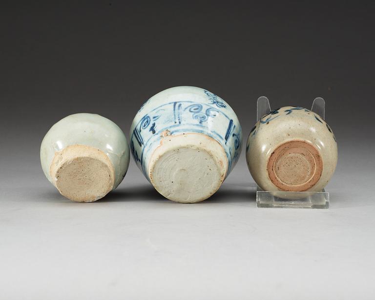 Three blue and white jars, Yuan/Ming dynasty.
