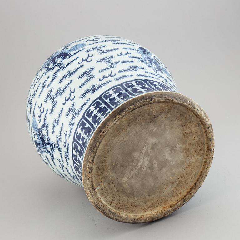 A large blue and white jar with cover, China, 20th Century.