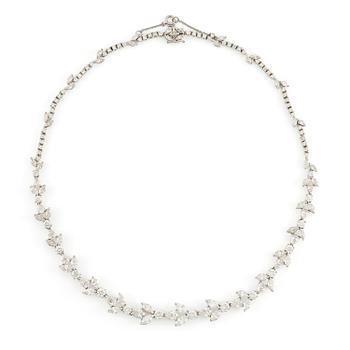 636. A platinum necklace set with navette-, pear- and round-brilliant-cut diamonds.