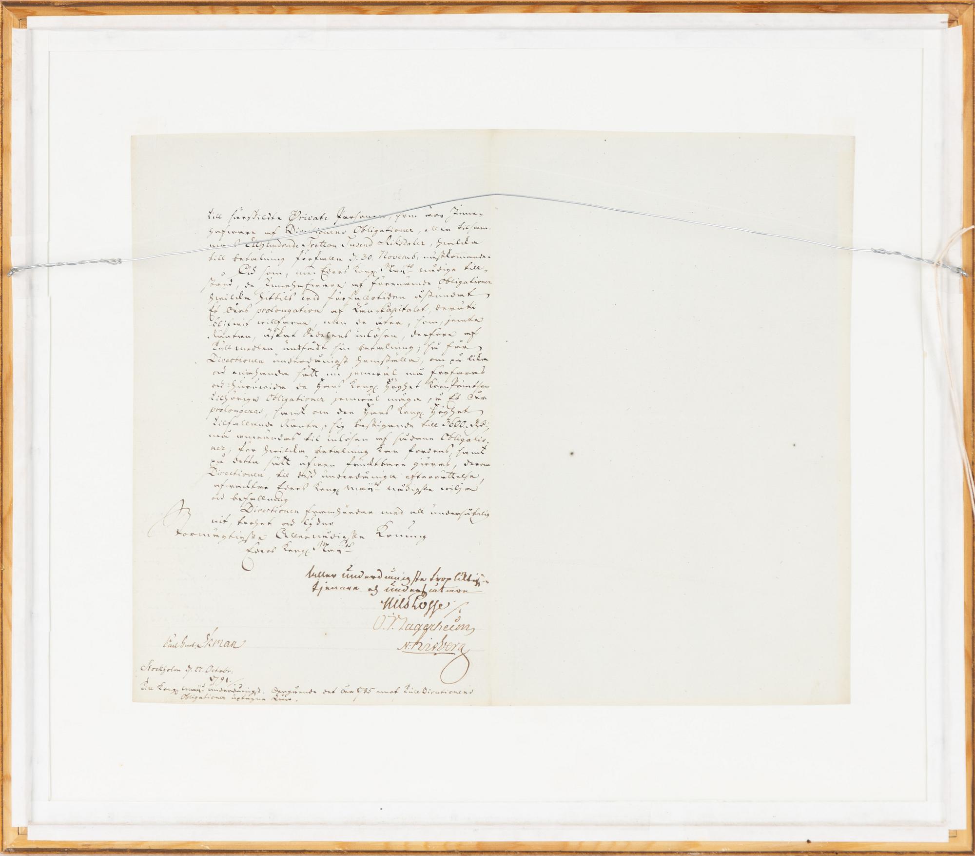 Autograf, Kung Gustav III, Drottningholms slott, 31 oct, 1791. Proveniens: Prof. Torsten Eklund.