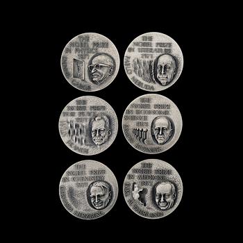 A SET OF SIX SILVER COLLECTORS COINS, Nobel Price Winners 1971 from Sporrong, Sweden.