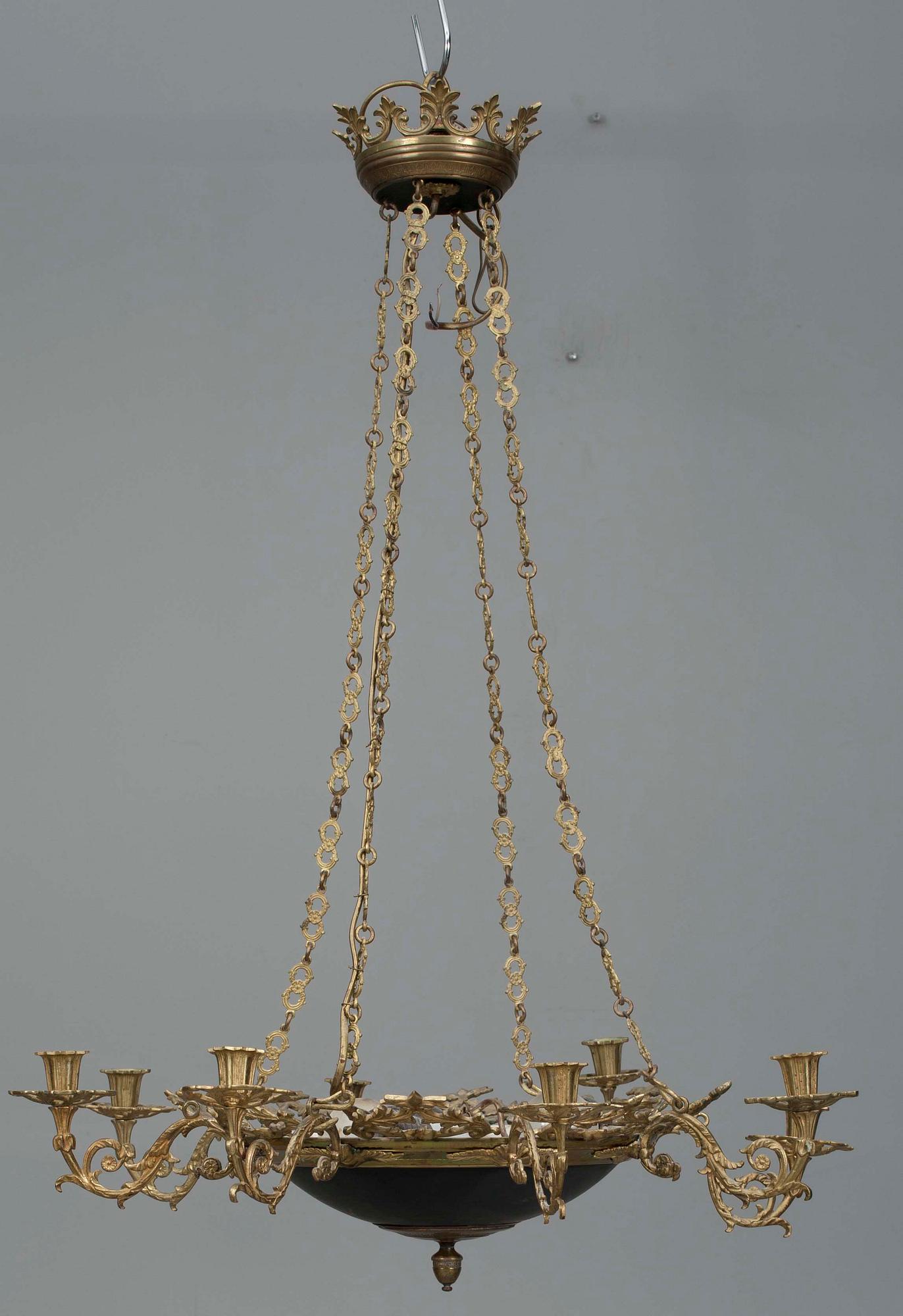 TAKLAMPA mässing samt målad plåt, empire/nyrokoko, 1800-talets senare hälft. Tot. h 86.