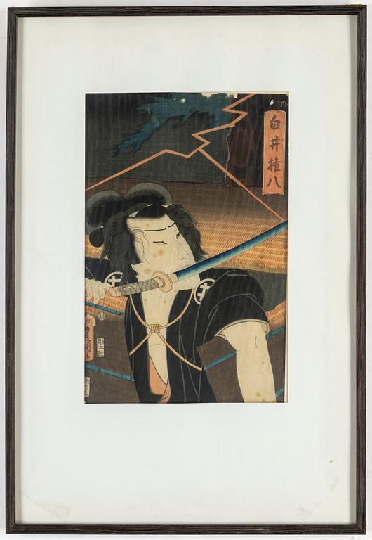 RYUSAI SHIGEHARU (1803-1853), efter, samt UTAGAWA KUNISADA (TOYOKUNI III), färgträsnitt, 2 st, Japan, 1800-tal.