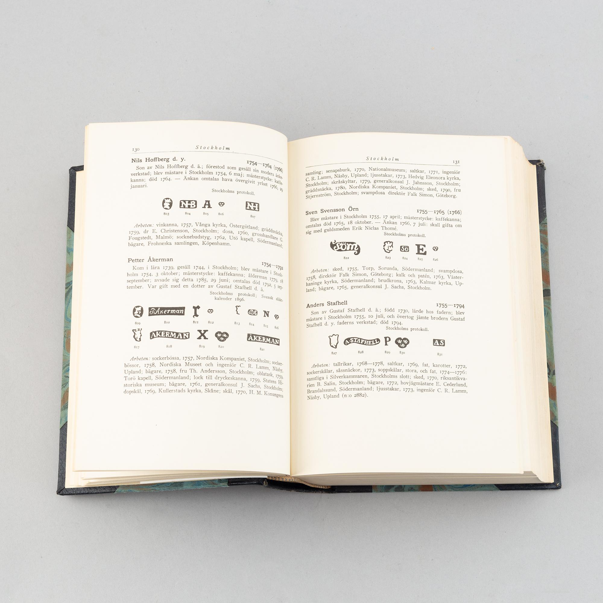 Book, Gustaf upmark, 'Guld- och Silversmeder i Sverige 1520-1850", Stockholm, Alb. Bonniers Boktryckeri 1943.