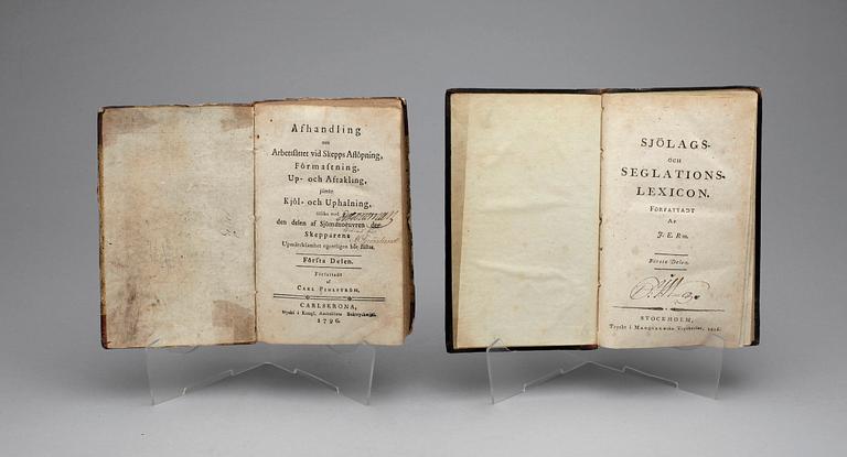 BÖCKER, 2 st, bla "Sjölags och Seglationslexicon" 2 sambundna vol, av JERm, Stockholm 1816.
