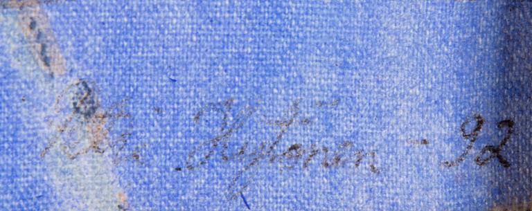 PETRI HYTÖNEN, akryyli, hiili ja tussi, pingotettu kukkakankaalle, signeerattu ja päviätty -92.