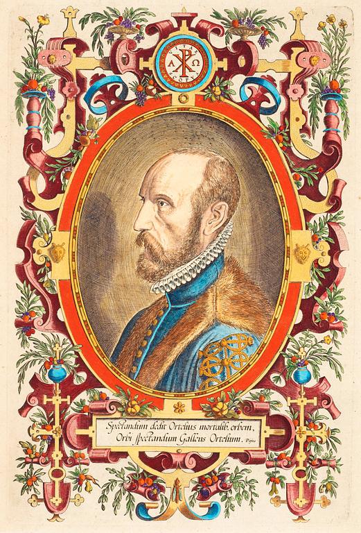 Abraham Ortelius, Ur: Theatrum Orbis Terrarum" (6). Världskarta, Europa, Asien, Afrika, Amerika samt porträtt. 1579.