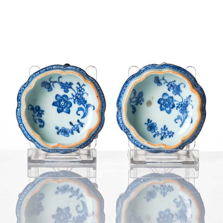 A pair of blue and white salts, Qing dynasty, 18th Century.