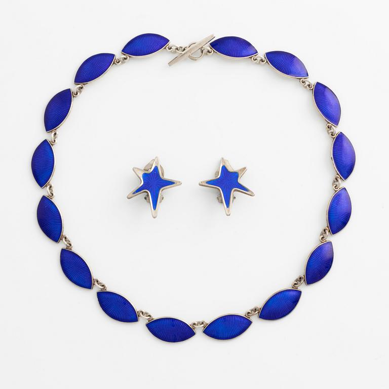 Collier and earrings, Meka and Volmer Bahner silver and blue enamel, Denmark.