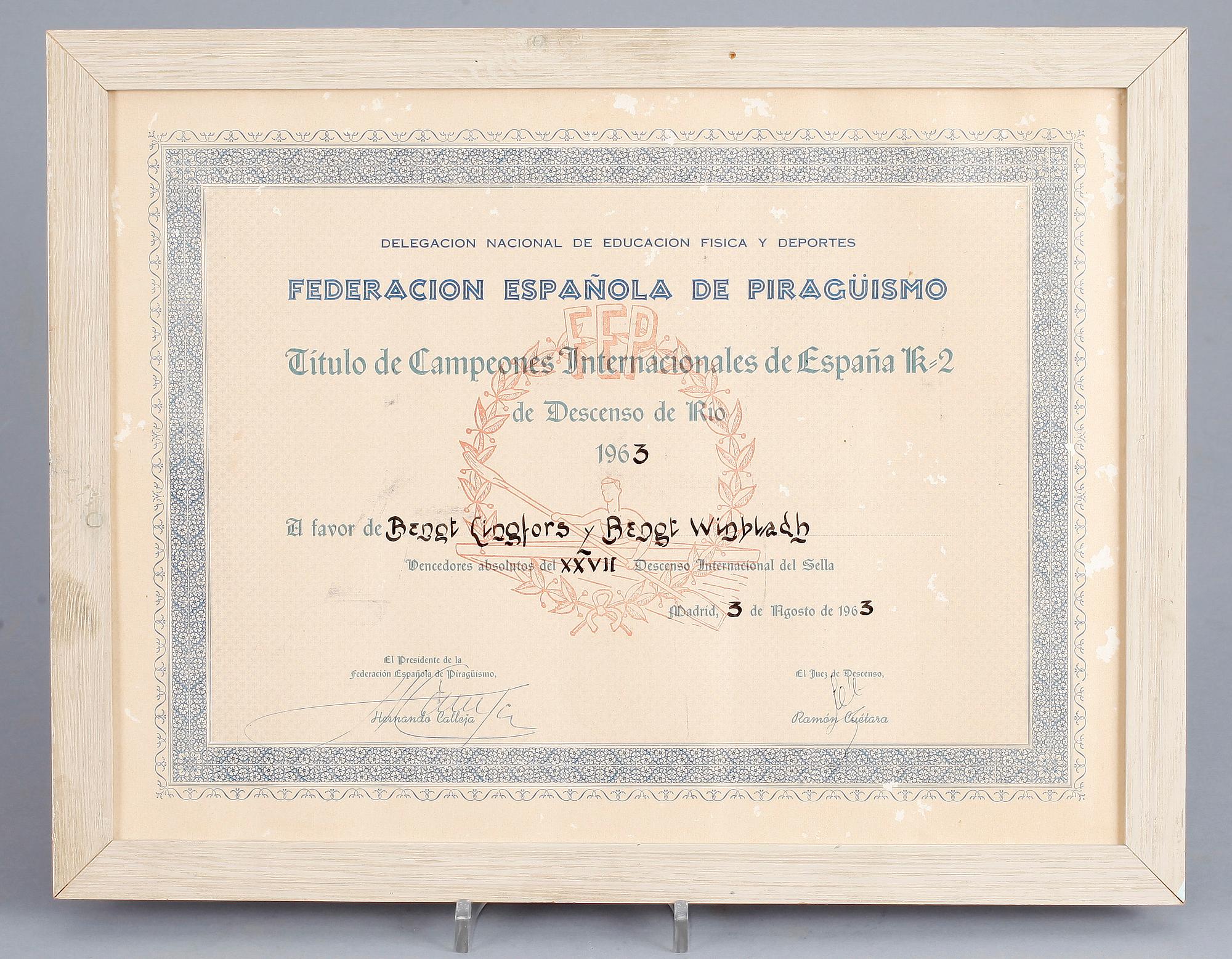 PRISPOKAL, metall, kanotloppet Rio Sella, Spanien, 1963.