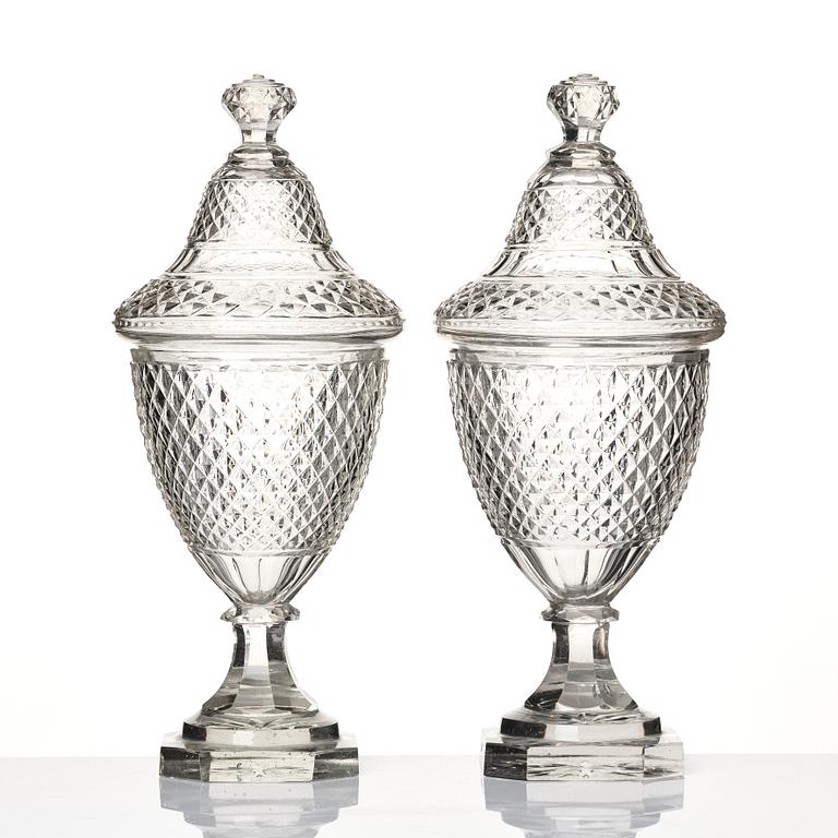 A pair of glass cups with covers, possibly Ireland, 19th century.