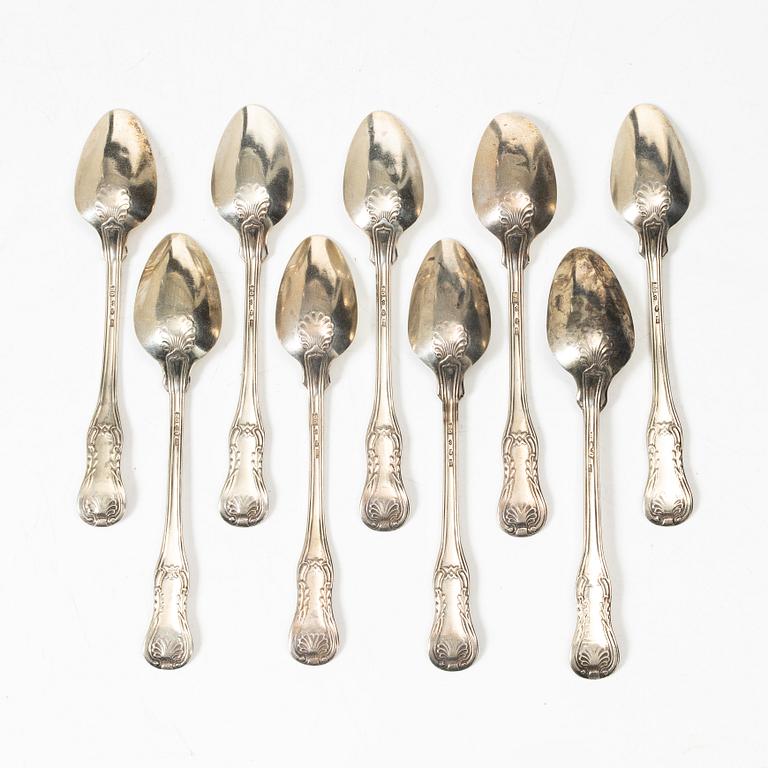 Petter Gökblad, a set of nine 'Engelsk snäck' silver tea spoons, Sweden, 1854.