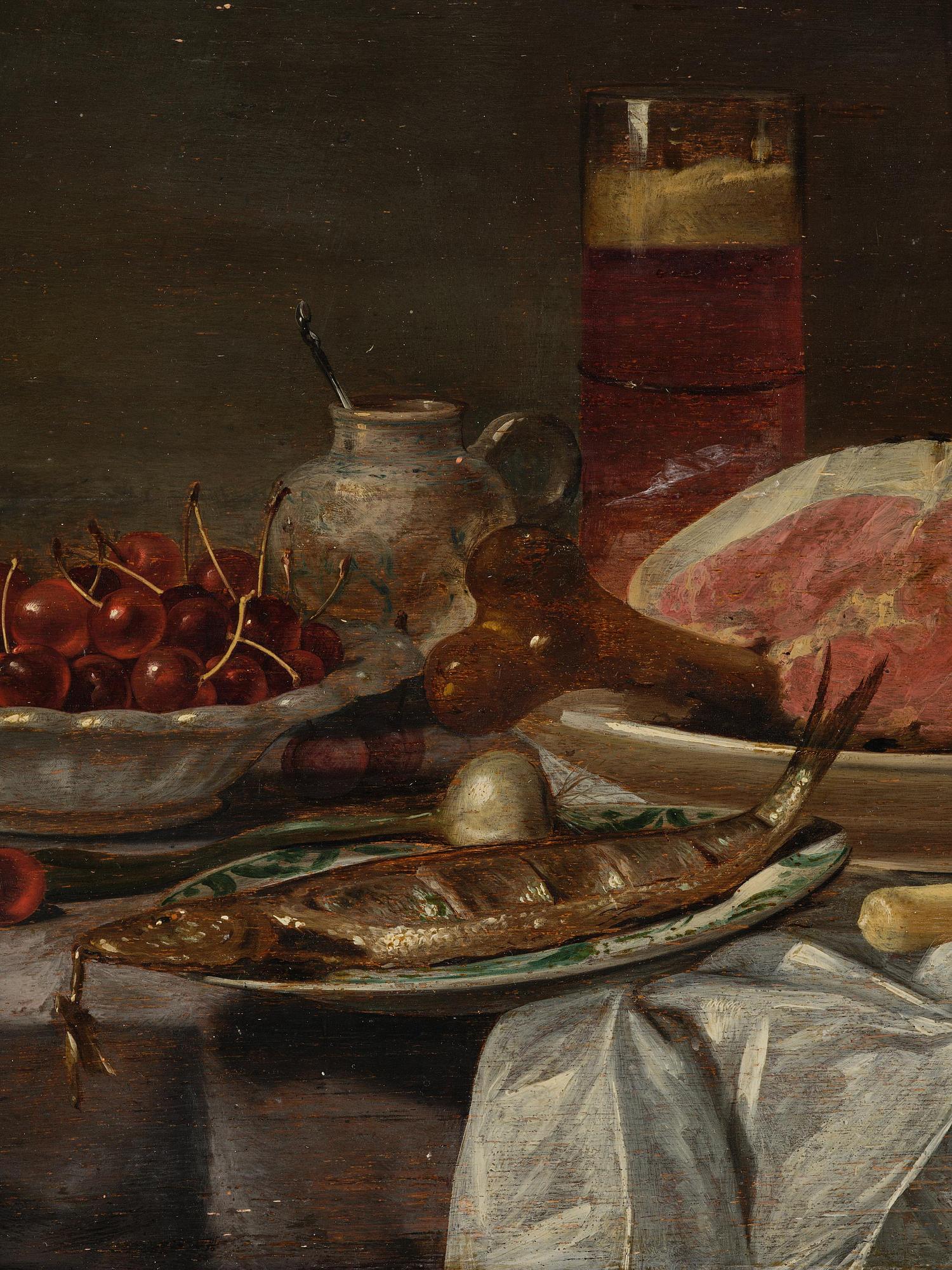 Vincent Laurensz. van der Vinne, Still life with fish, ham, bread, cherries, and glass.