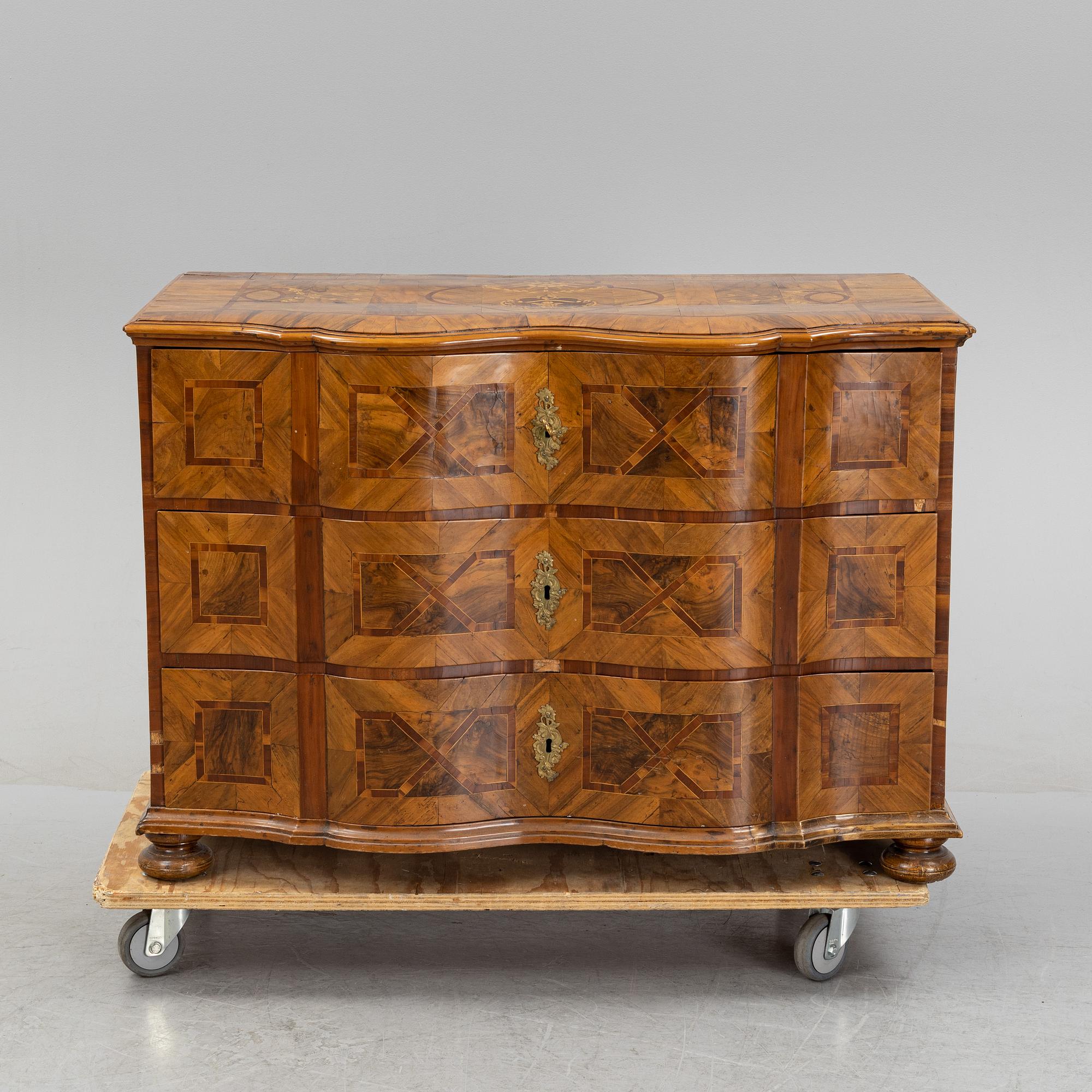 A central european late baroque chest of drawers, first part of the 18th century.