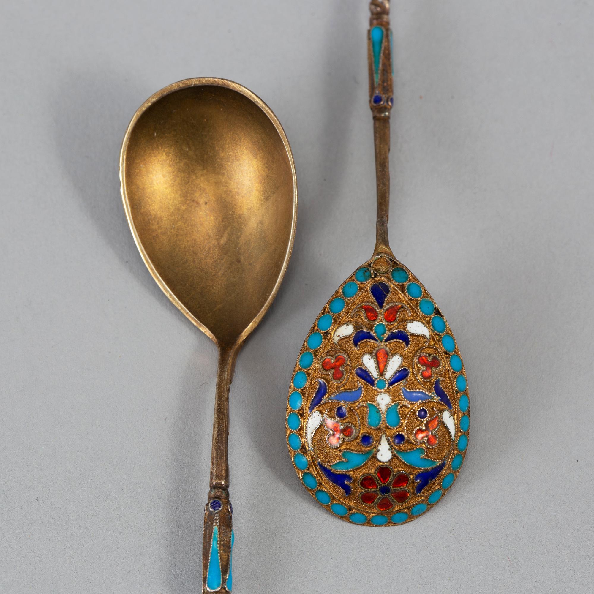 A set of twelve 19th century silver-gilt and cloisonné enameled tea-spoons, marked Gustav Klingert, Moscow 1880's.