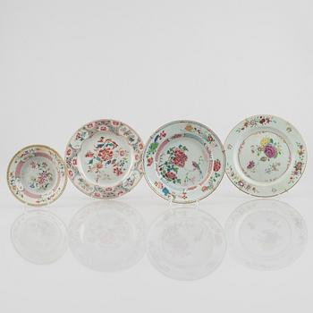 Six Famille Rose export porcelain plates and a creamer, China, Qianlong (1736-95).