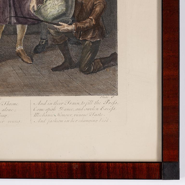 William Hogarth, efter, åtta stycken kolorerade etsningar och gravyrer.